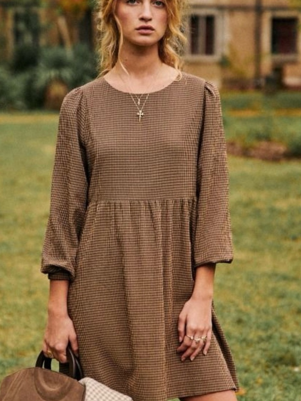 Sezane Candice Babydoll Dress in Vichy Brown (black & brown check) /FR 36 (US 4)
